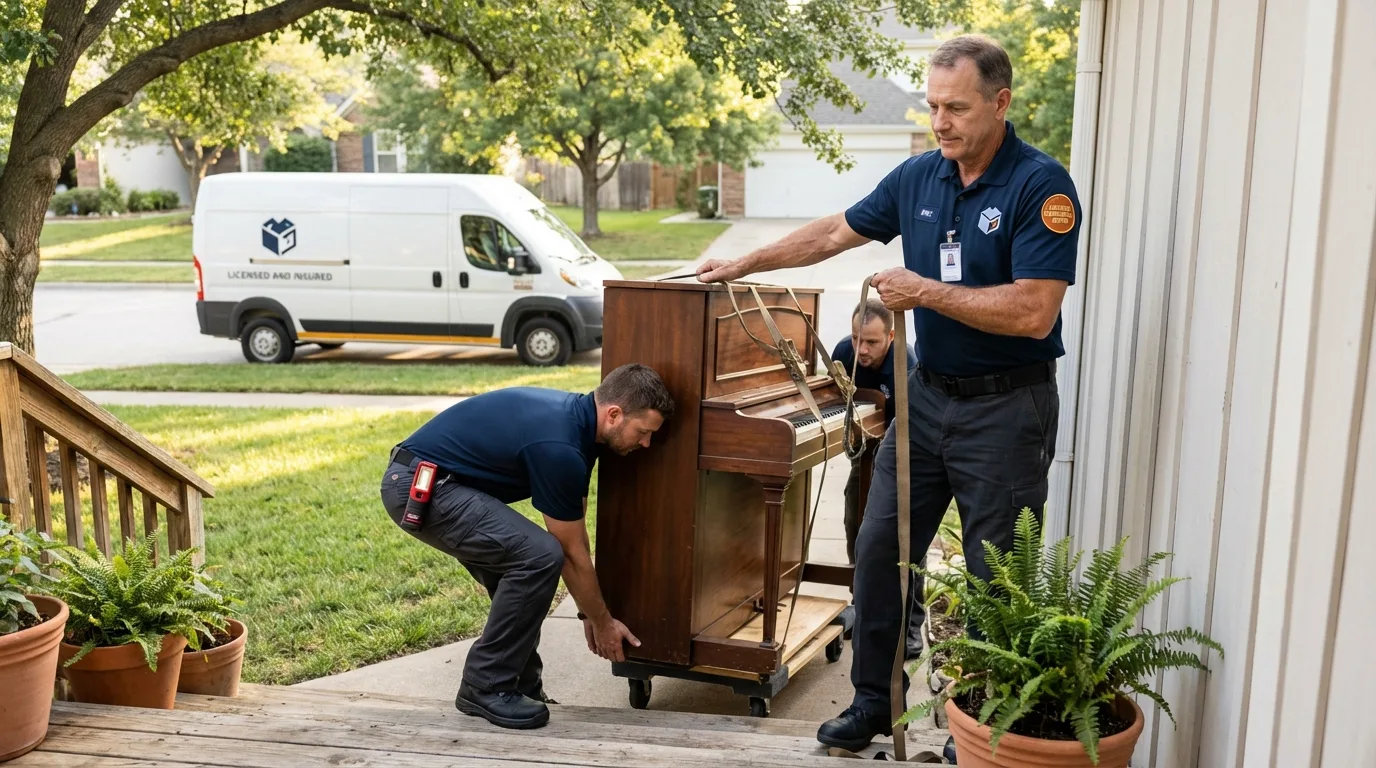Licensed piano movers securing grand piano in Crested Butte, CO